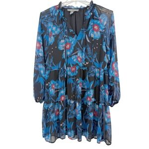 Lark + Grey Women's Black Blue Floral Tiered Chiffon Dress Size Large